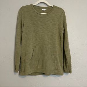 J Jill Olive Green Textured Long Sleeve Kangaroo Pocket Pullover Top Size Small